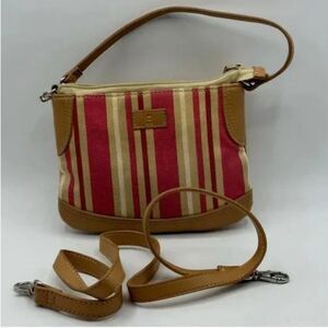 Etienne Aigner Pink and Cream Striped Canvas with Leather Crossbody Wristlet Bag